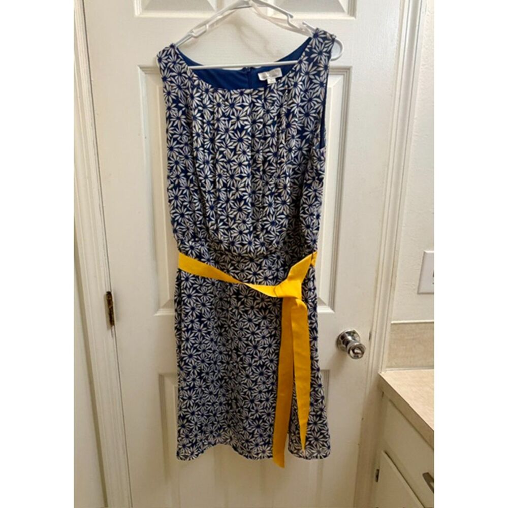 Olivia Matthews Sleeveless Dress with Bright Yellow Sash Belt.
